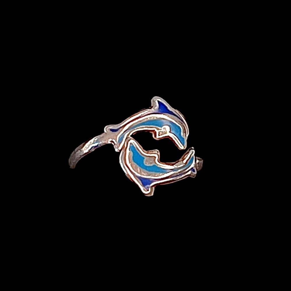 Sterling Silver & Blue Dolphin Ring Bypass By JTI .925 Size 6.5